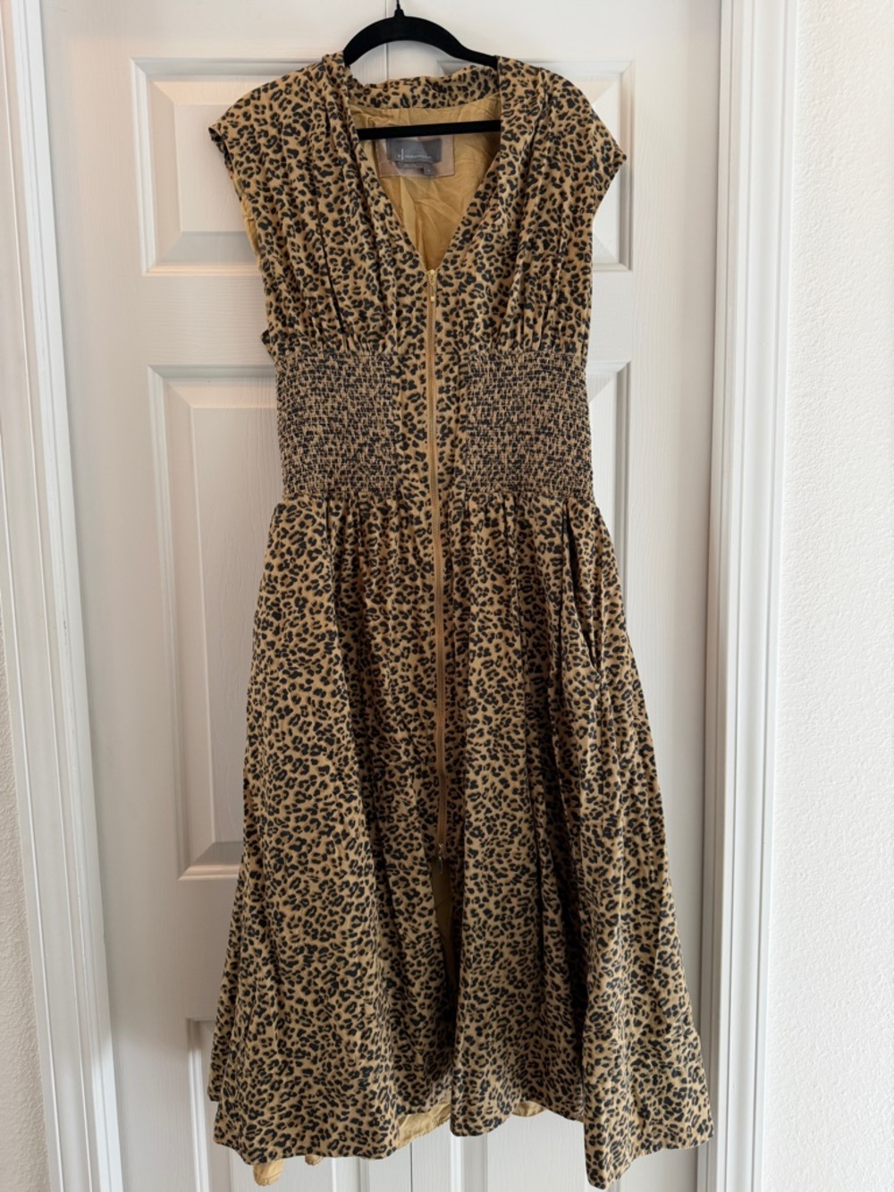 Anthropologie Leopard Print Smocked Midi Dress - Tan & Black